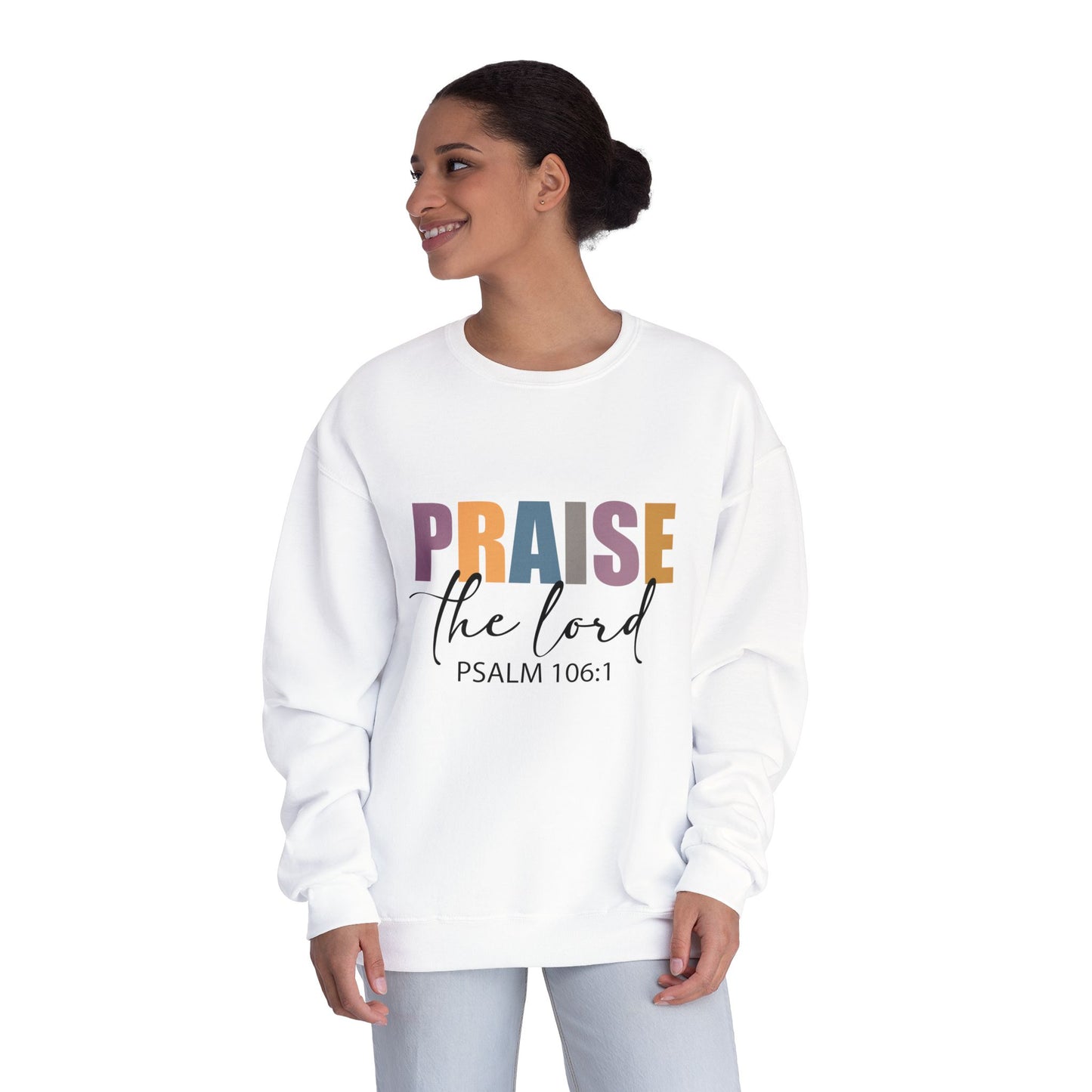 Religious Crewneck Sweatshirt - 'PRAISE the Lord' Psalm 106:1, Cozy Church Apparel, Faith-based Gift, Inspirational Clothing, Unisex