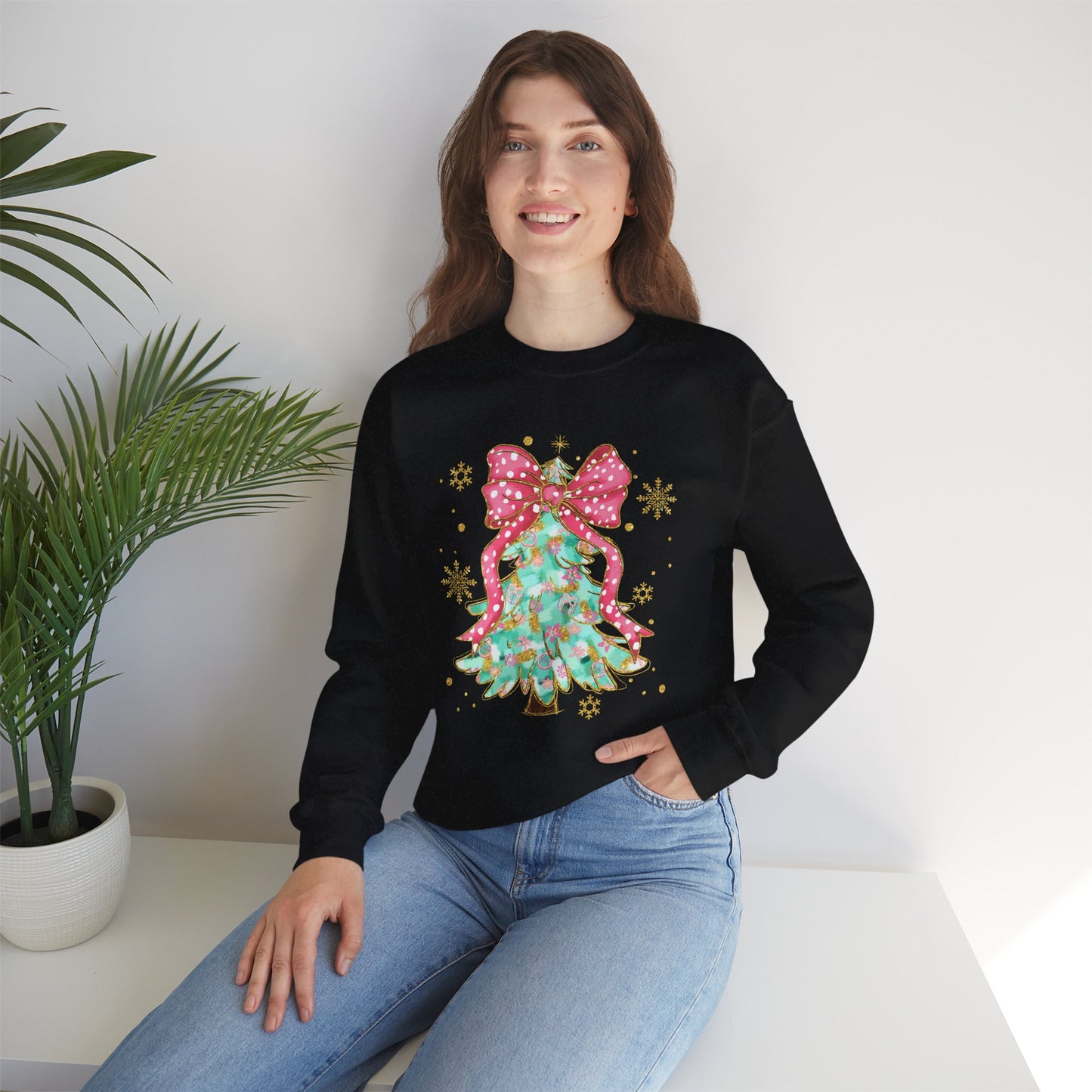 Christmas Tree Crewneck Sweatshirt with Bow | Unisex Holiday Sweatshirt - Ileana Marie Designs