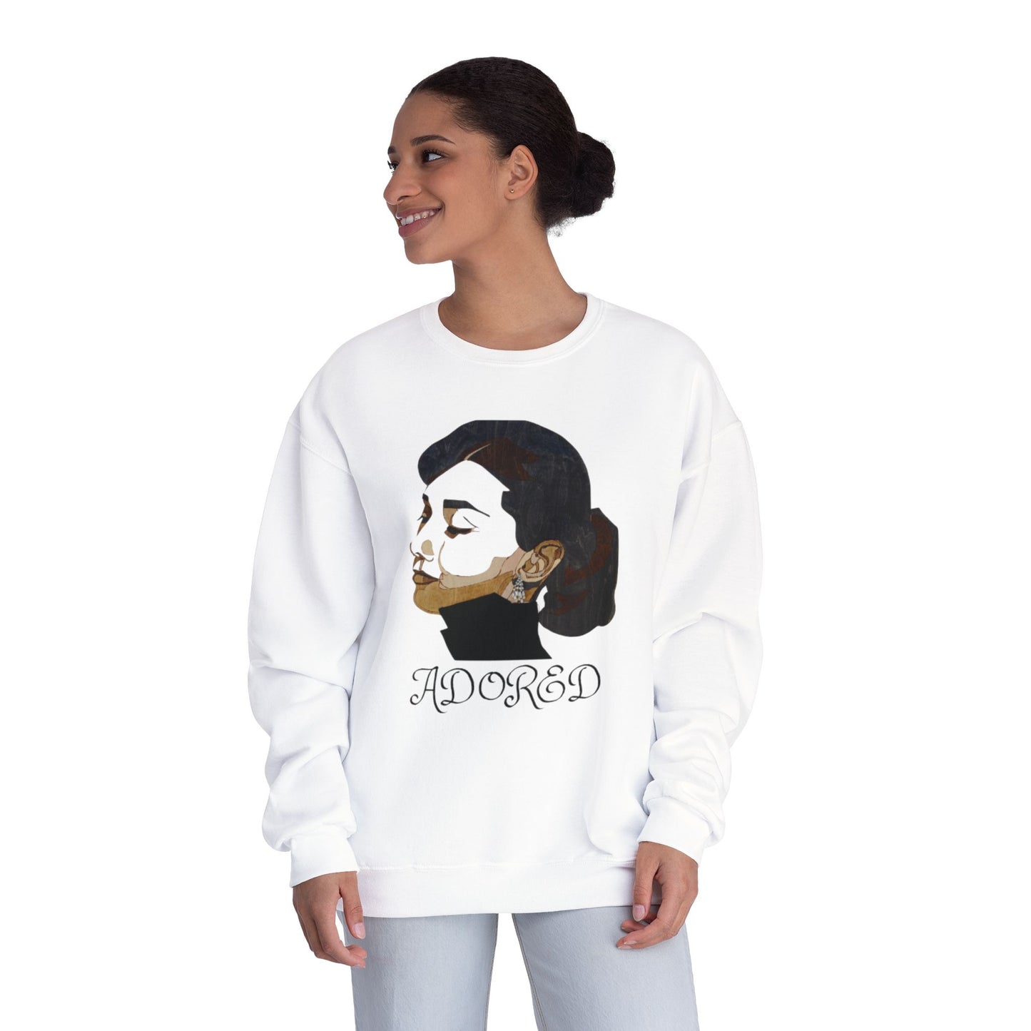 Adored Crewneck Sweatshirt, Retro Fashion Sweater, Gift for Her, Cozy Casual Wear, Vintage Style Design, Unique Graphic Sweatshirt