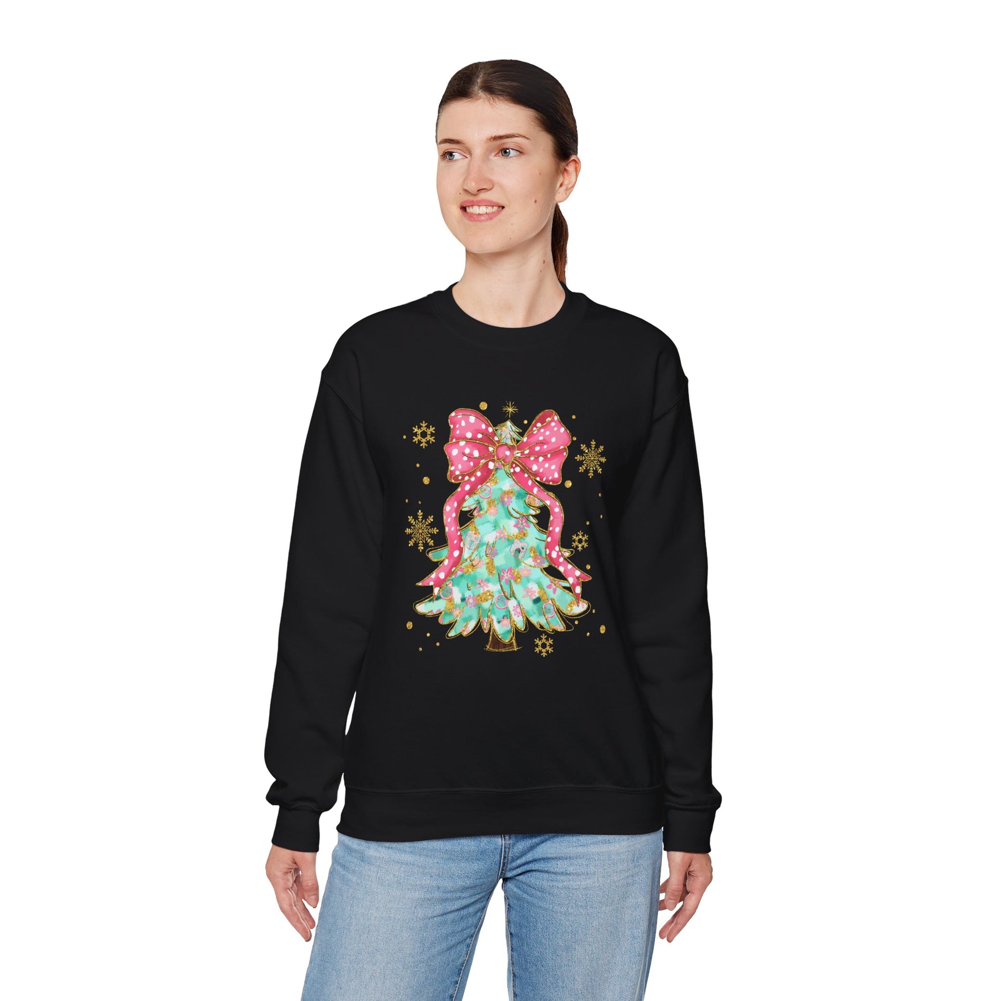 Christmas Tree Crewneck Sweatshirt with Bow | Unisex Holiday Sweatshirt - Ileana Marie Designs